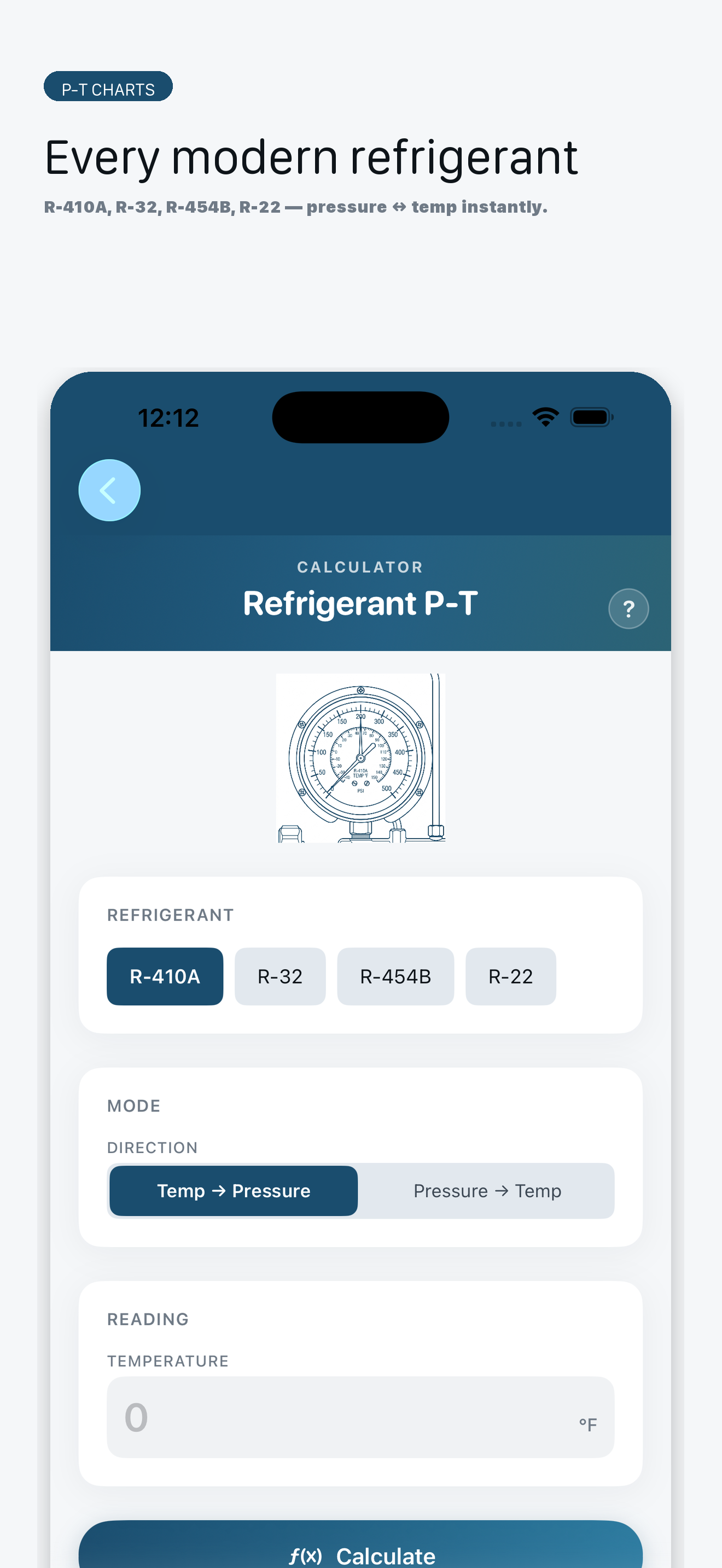 HVAC Pro Calculator — Do the P-T lookup and the math in the app